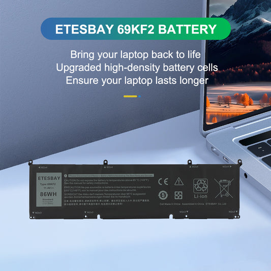 ETESBAY 69KF2 high-density cells battery displayed beside Dell XPS laptop for longer lasting power experience