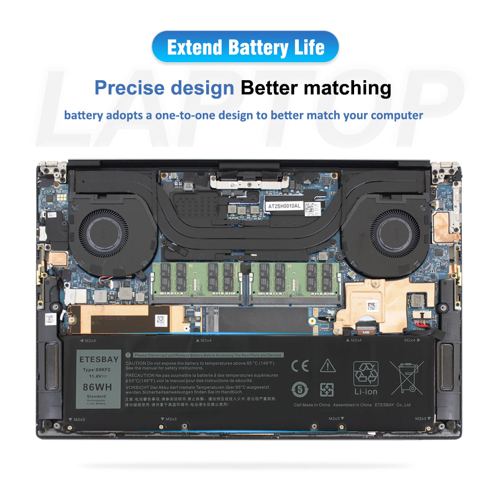 69KF2 86WH battery installed inside Dell laptop internal compartment precise design better matching fitment