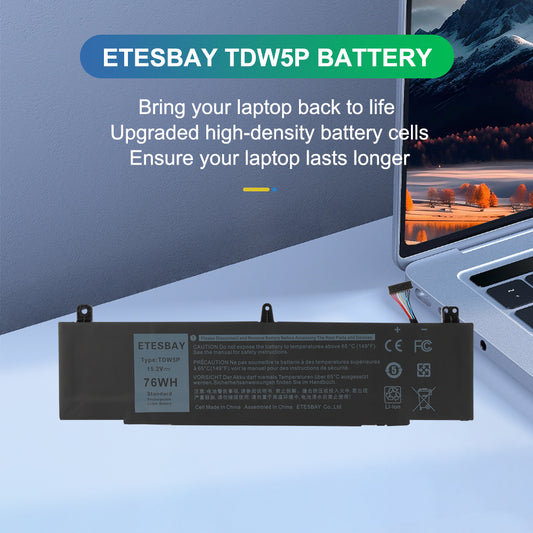 ETESBAY TDW5P 15.2V 76Wh replacement laptop battery for Dell Alienware 13 series, hero image showing the battery in front of an open laptop with ETESBAY branding visible.