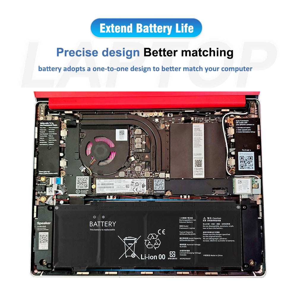 Framework 13 battery installed inside red laptop internal compartment precise one-to-one design matching