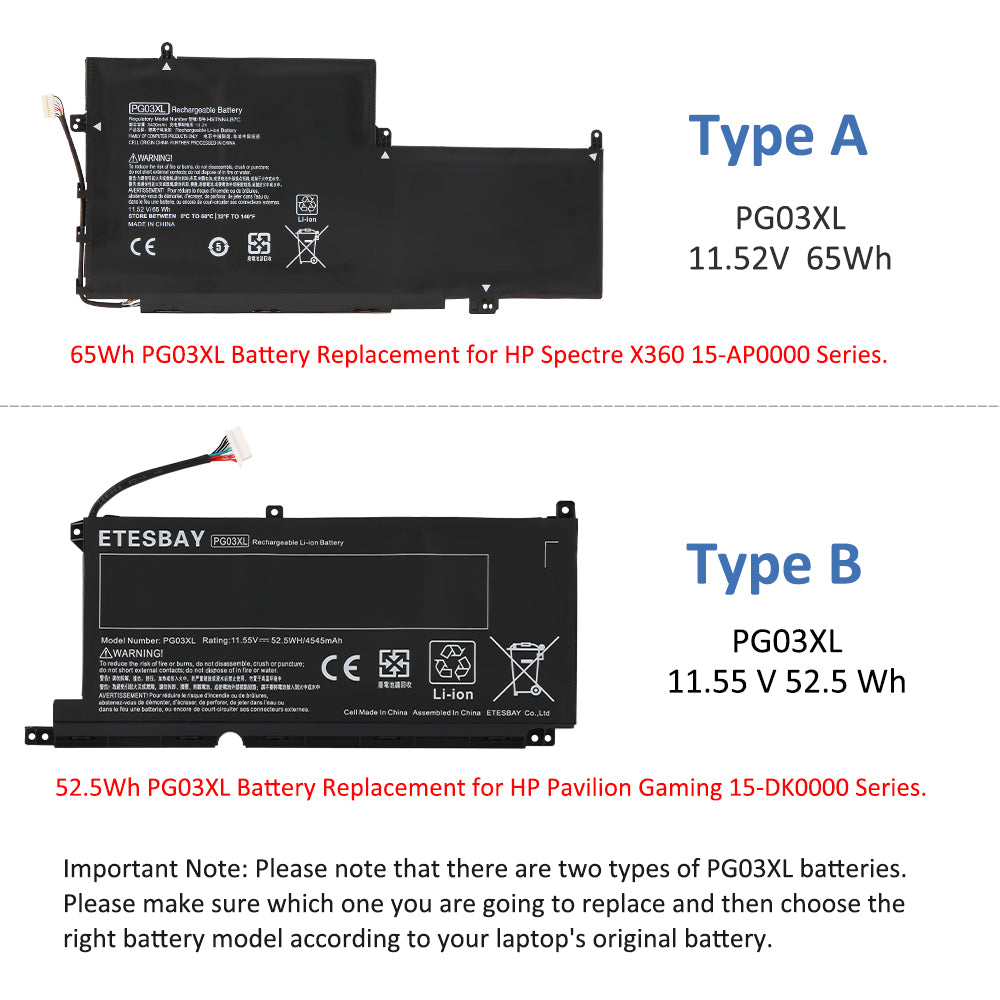 PG03XL battery type A vs type B comparison 65Wh vs 52.5Wh for HP Spectre and Pavilion Gaming series