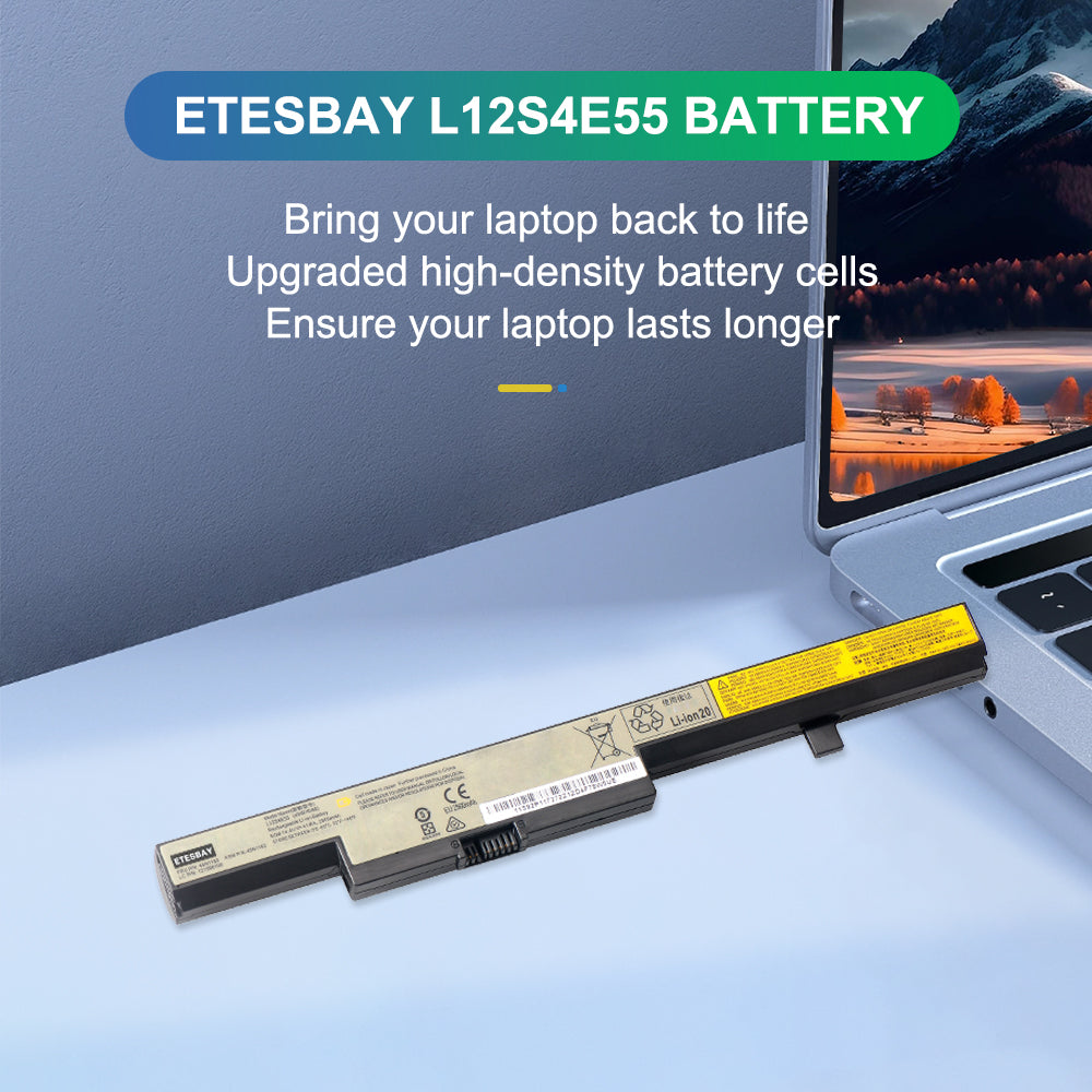 ETESBAY L12S4E55 M4450 replacement battery beside a laptop with Bring your laptop back to life hero text.