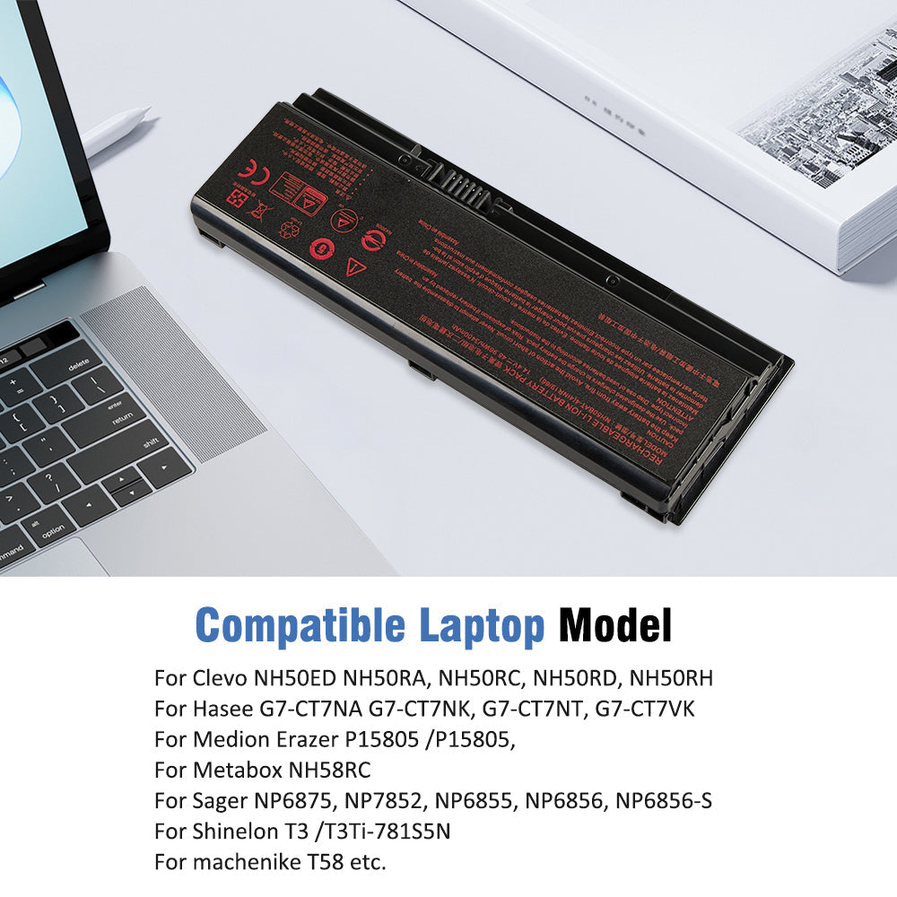NH50BAT-4 battery placed next to Clevo Hasee laptop, compatible with NH50ED NH50RA G7-CT7NA NP6875 P15805 T58 series