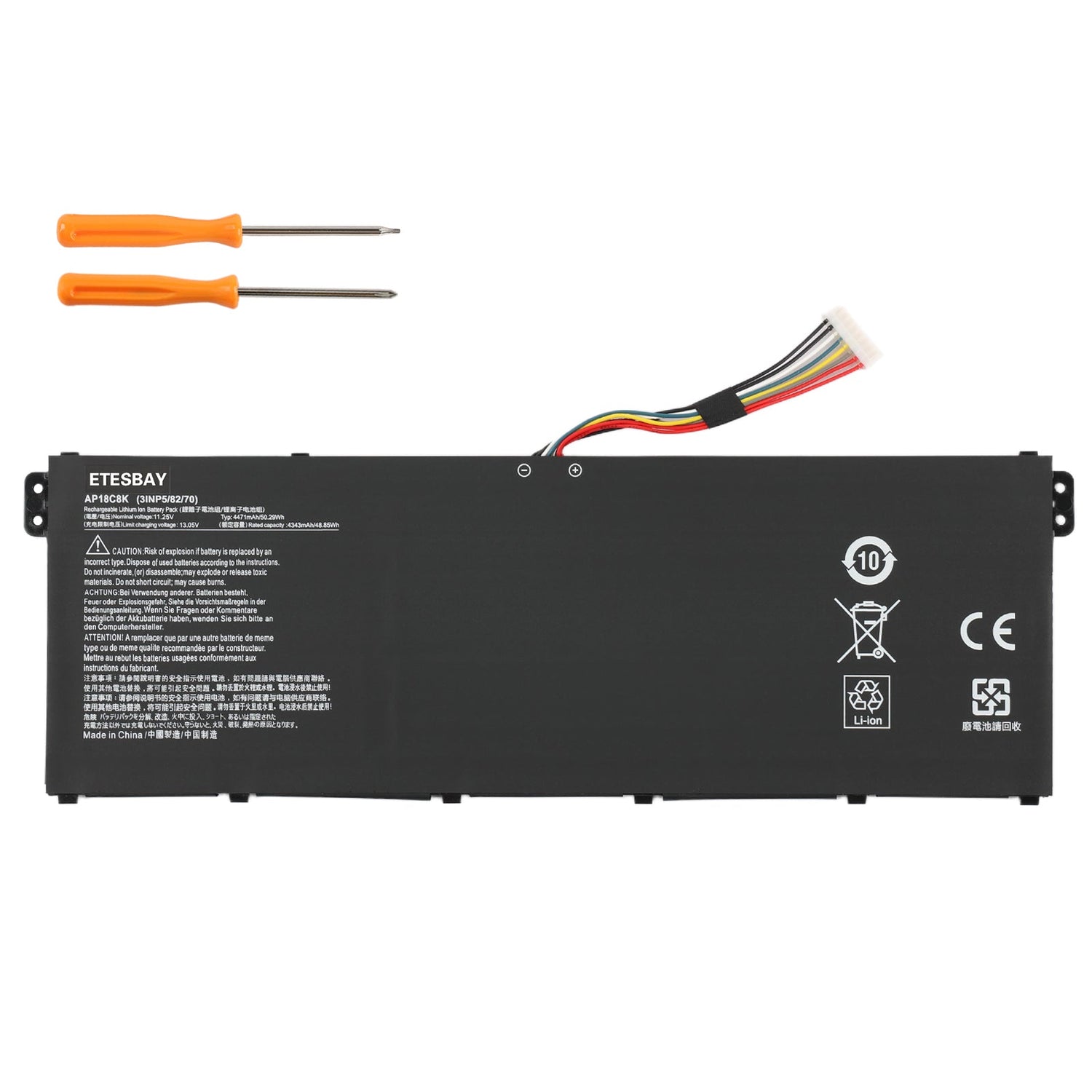 AP18C8K rechargeable Li-ion battery white background front view AP18C8K 3INP5/82/70 11.25V 50.29Wh CE certified Acer laptop