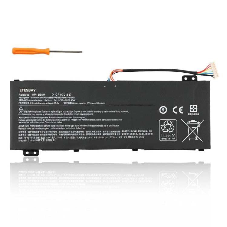 ETESBAY AP18E8M replacement battery, black lithium-ion battery, 15.4V 3733mAh/57.48Wh, compatible with Acer Nitro 5/7, Aspire 7, Predator Helios 300, ConceptD 3 Pro/5 Pro laptops, 100% brand new, 1-year warranty.