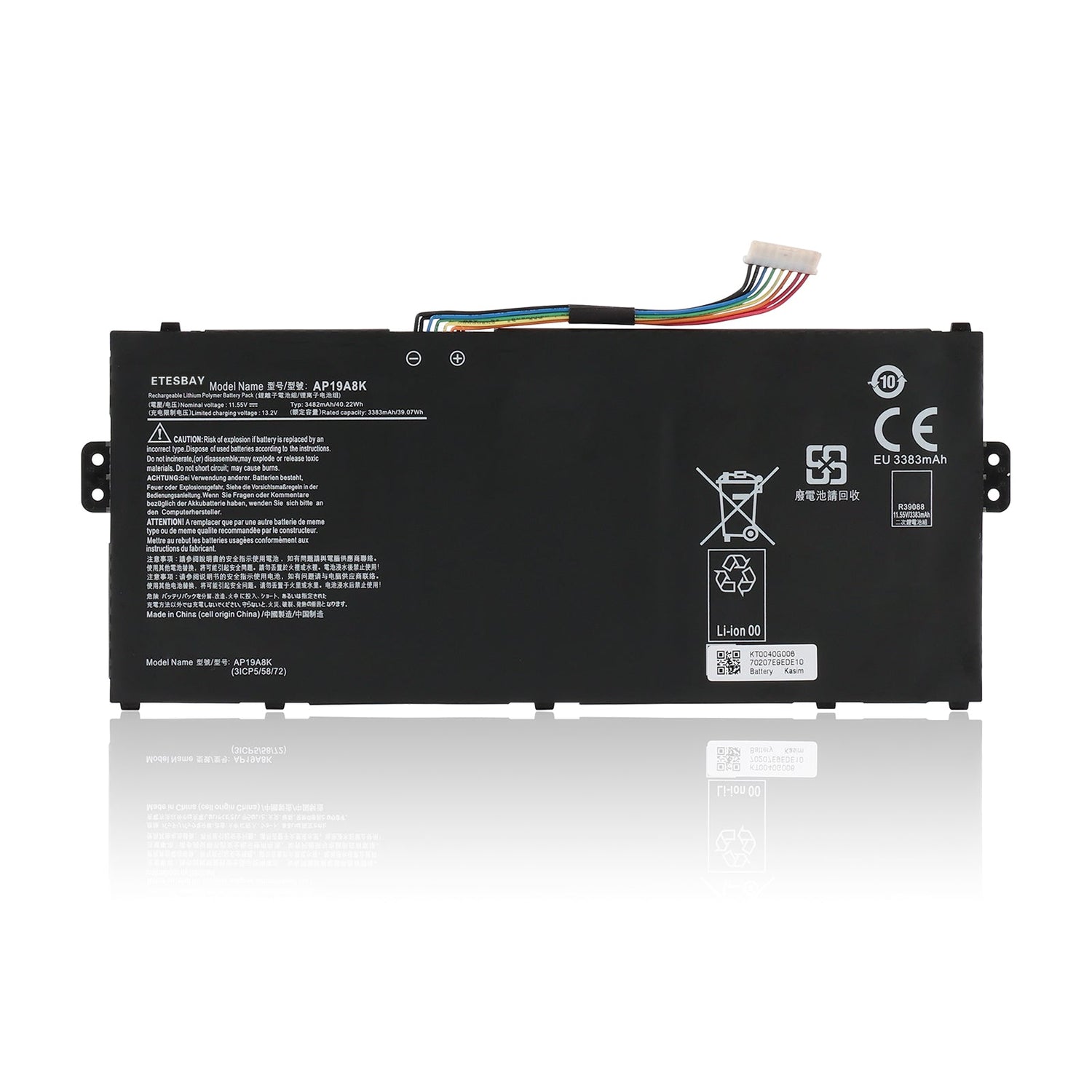 ETESBAY AP19A8K Li-ion battery white background with multi-color connector wire model AP19A8K 11.55V 40.22Wh CE for Acer