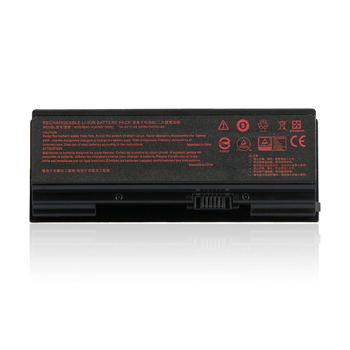 NH50BAT-4 battery specifications: 14.4V 48.96Wh 3400mAh Li-ion, black, brand new replacement battery with 1-year warranty, and compatible replace part numbers.