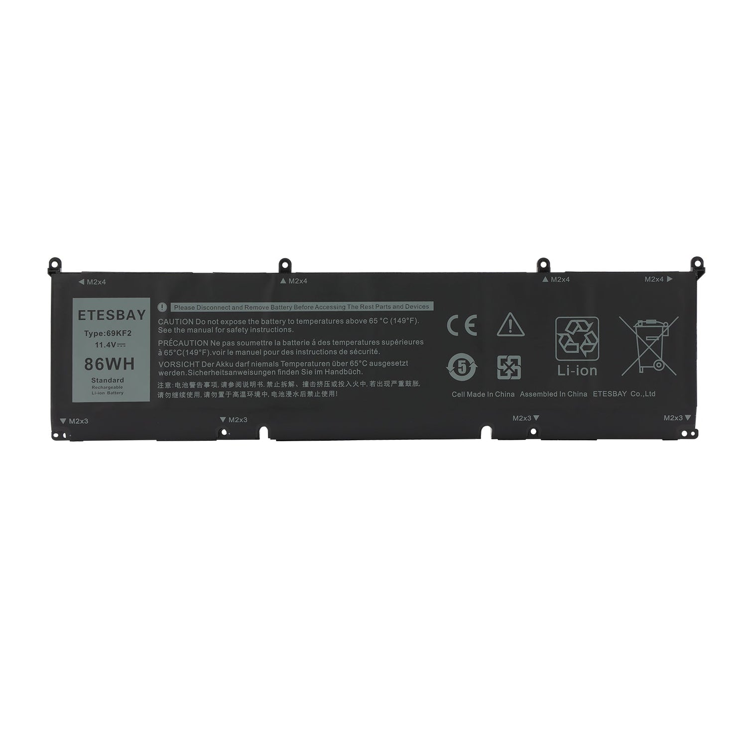 ETESBAY 69KF2 86WH 11.4V Li-ion laptop battery front view showing label safety warnings and CE certification