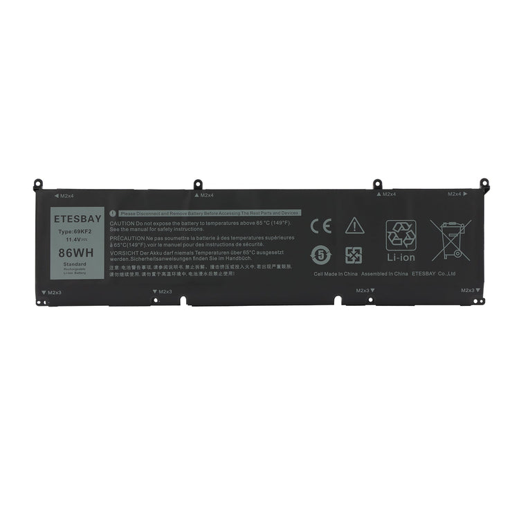 ETESBAY 69KF2 86WH 11.4V Li-ion laptop battery front view showing label safety warnings and CE certification