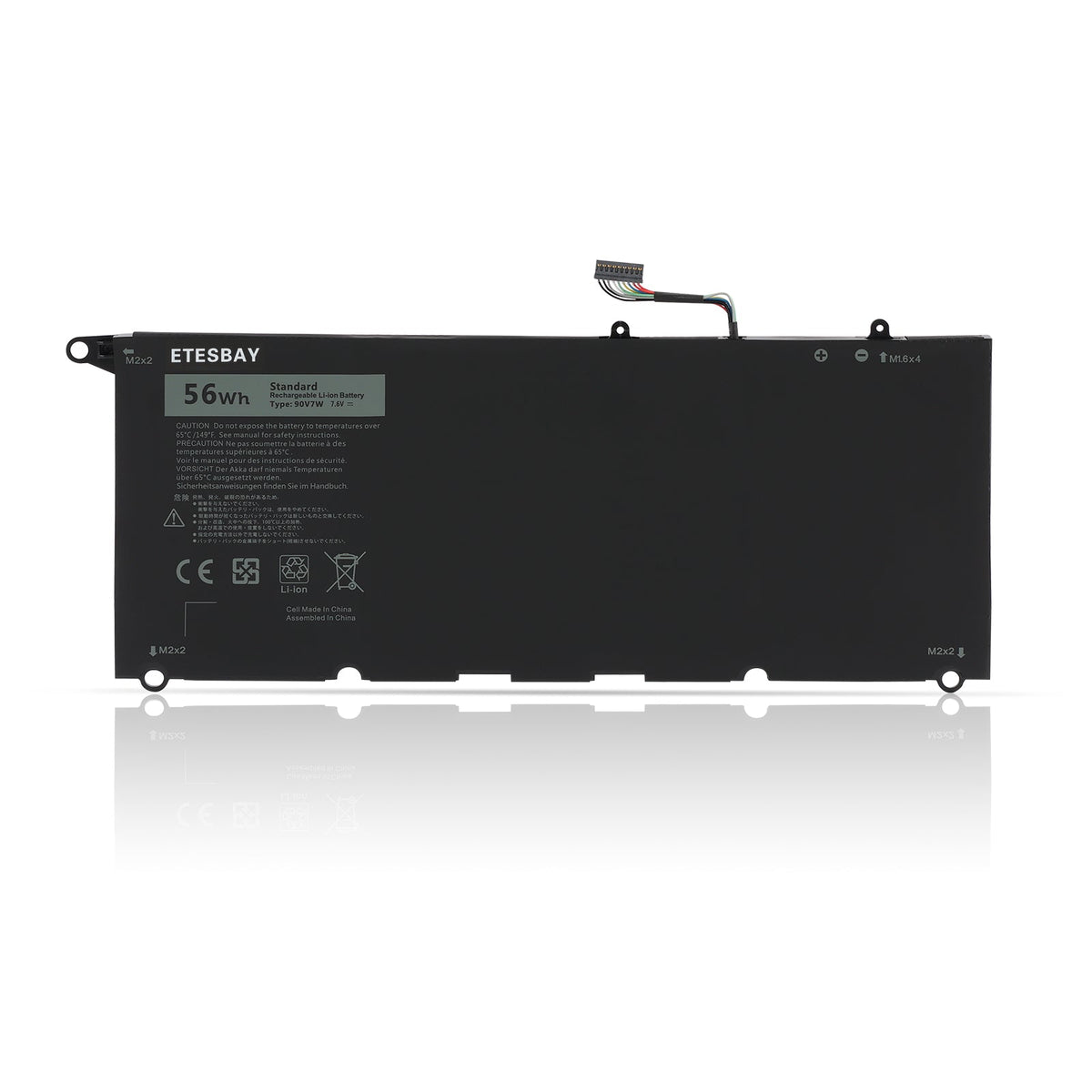 ETESBAY 90V7W 56Wh 7.6V replacement laptop battery front view with brand label, capacity rating, safety certifications and connector for Dell XPS 13