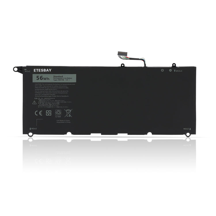 ETESBAY 90V7W 56Wh 7.6V replacement laptop battery front view with brand label, capacity rating, safety certifications and connector for Dell XPS 13