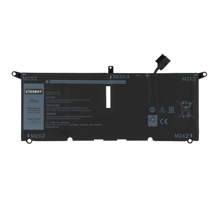 ETESBAY DXGH8 52Wh replacement battery for Dell XPS 13 9370 9380 7390, 7.6V Li-ion polymer front label view.