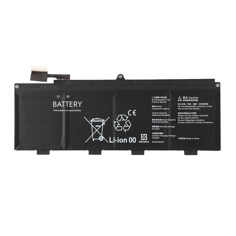 Framework 13 laptop replacement battery front view showing BATTERY label Li-ion 00 CE mark and flex connector