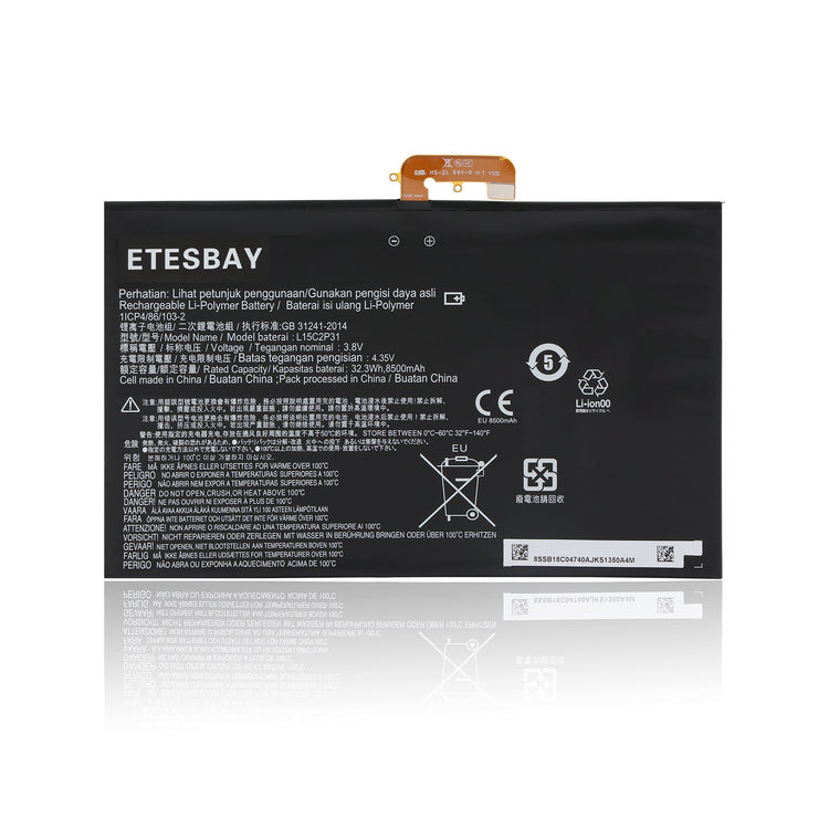 ETESBAY L15C2P31 battery label showing 3.8V 8500mAh 32.3Wh specs for Lenovo Yoga Book YB1-X series. Li-Polymer replacement new battery.