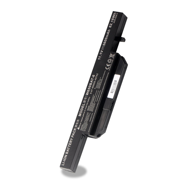 W650BAT-6 rechargeable Li-ion battery pack white background angled view, model W650BAT-6 11.1V 5600mAh 62.16Wh CE certified for Clevo Hasee laptops