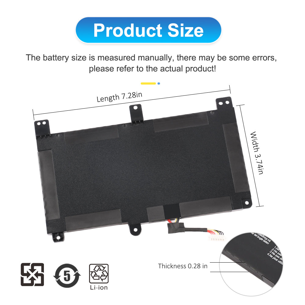 B31N1726 laptop battery dimensions length 7.28in width 3.74in thickness 0.28in with recyclable Li-ion certification marks