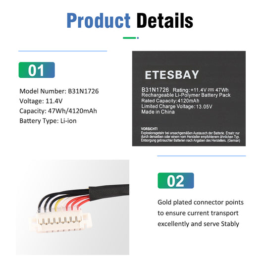 B31N1726 product details showing model B31N1726 11.4V 47Wh 4120mAh with gold plated connector for stable current transport