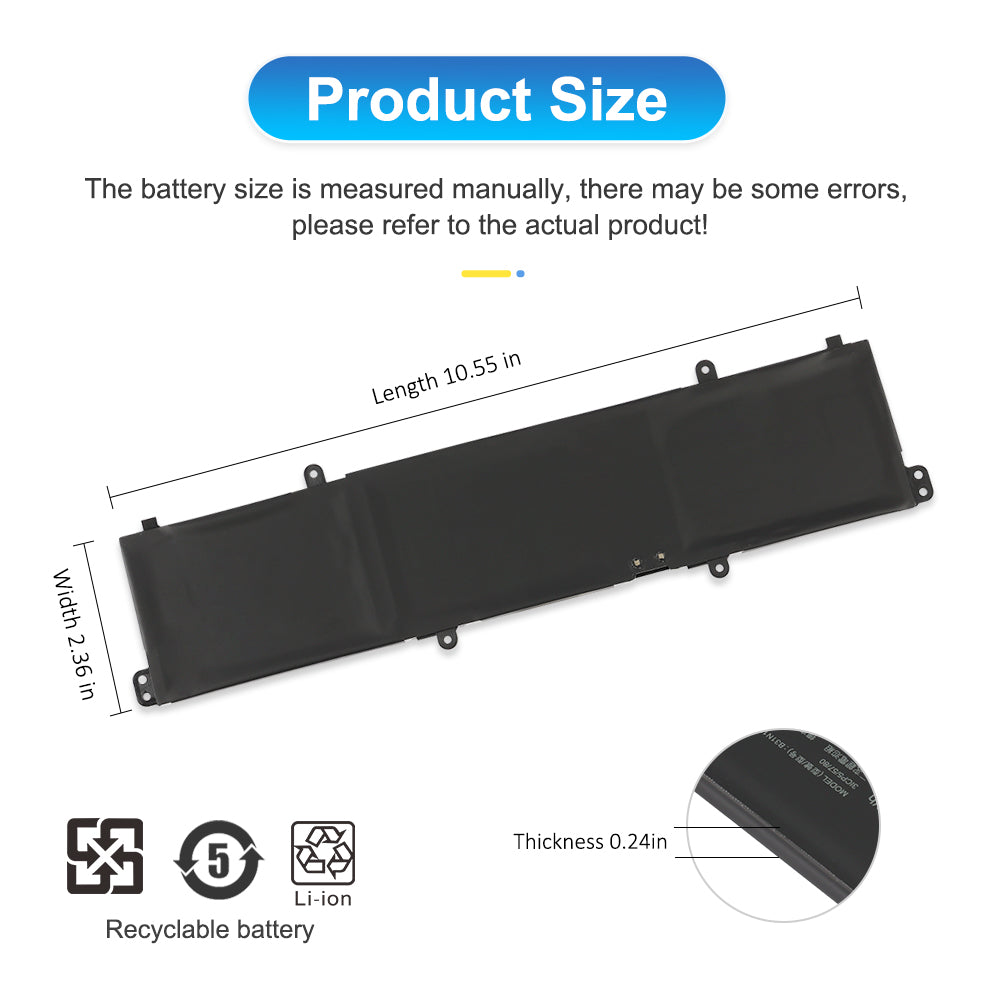 B31N1915 laptop battery dimensions length 10.55in width 2.36in thickness 0.24in with recyclable Li-ion certification marks