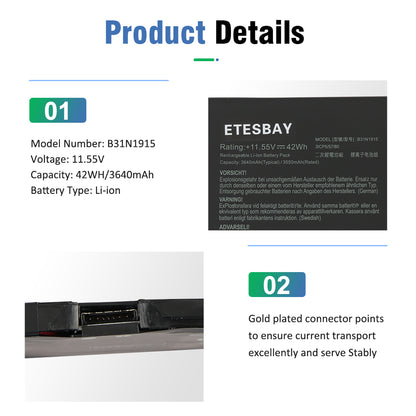 B31N1915 product details model B31N1915 11.55V 42Wh with gold plated connector points for stable current transport