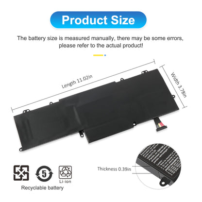 C23-UX32 laptop battery dimensions length 11.02in width 3.78in thickness 0.39in with recyclable Li-ion certification marks