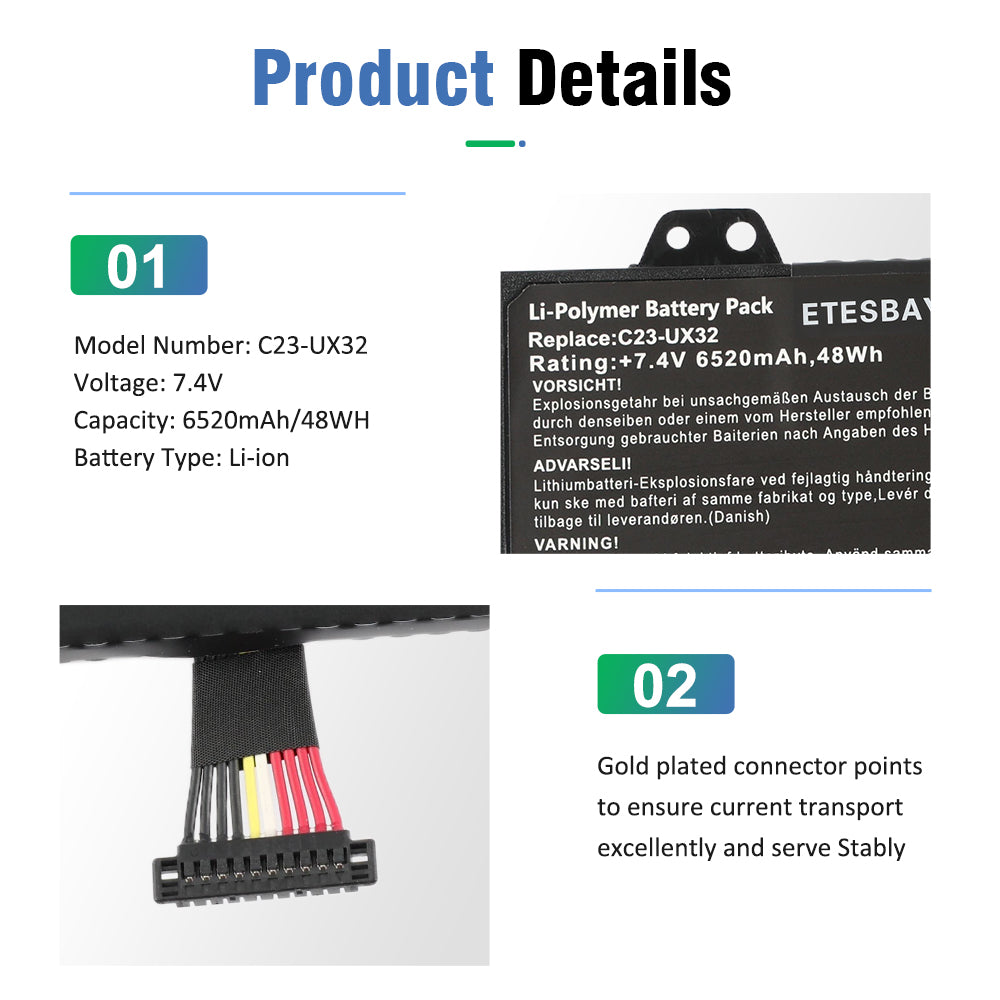 C23-UX32 battery specifications model voltage capacity with gold plated multi-color connector wire for Asus laptop