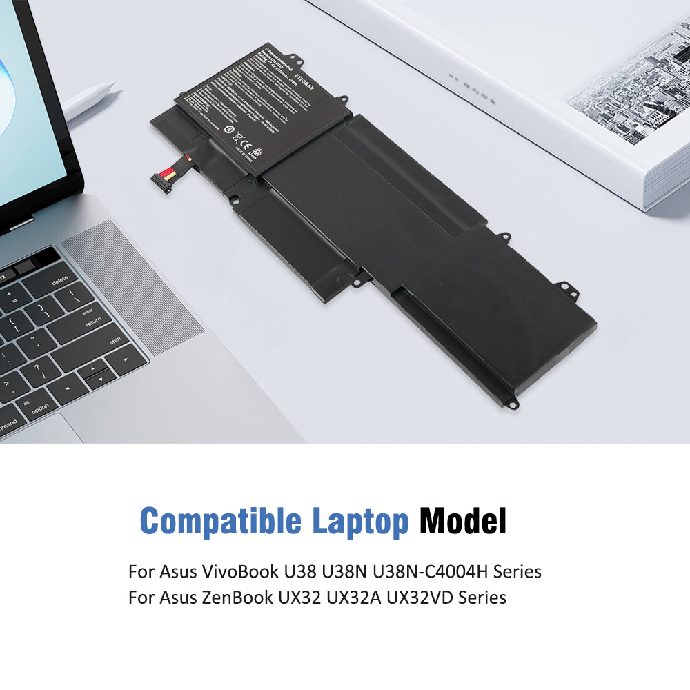 C23-UX32 battery beside Asus laptop showing compatible VivoBook U38 U38N and ZenBook UX32 UX32A UX32VD models list