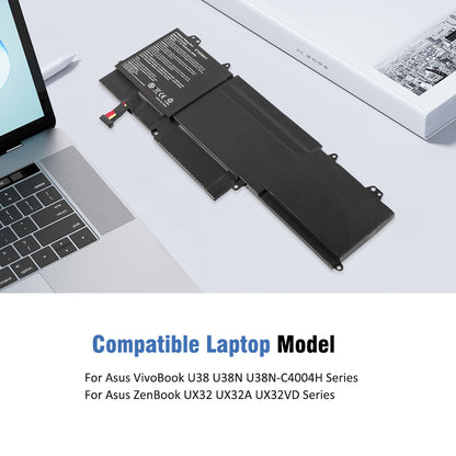 C23-UX32 battery beside Asus laptop showing compatible VivoBook U38 U38N and ZenBook UX32 UX32A UX32VD models list