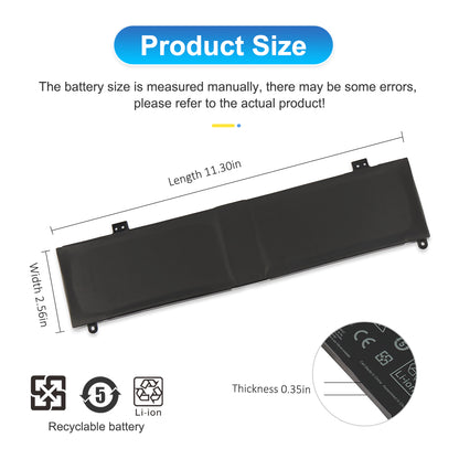C41N2013 gaming battery dimensions length 11.30in width 2.56in thickness 0.35in with recyclable Li-ion certification marks