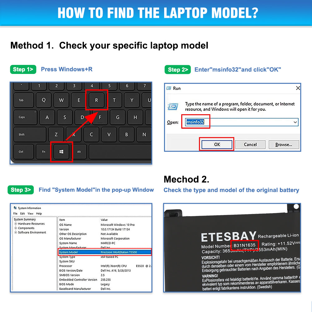 How to find laptop model guide for C41N2013 using Windows msinfo32 or reading original battery label check