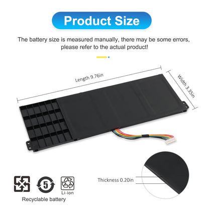 AC14B18J laptop battery dimensions length 9.76in width 3.35in thickness 0.20in with recyclable Li-ion certification marks