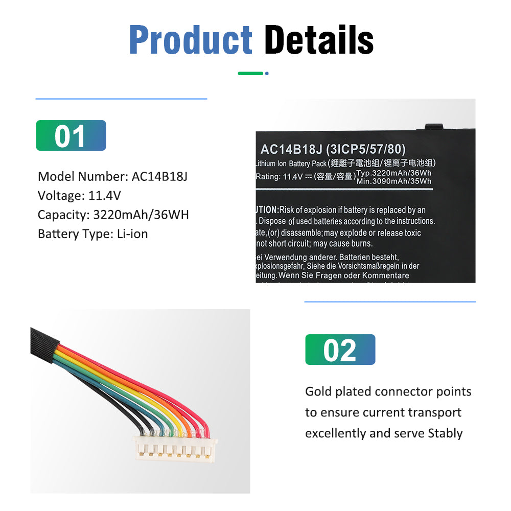 AC14B18J product details model AC14B18J 11.4V 36Wh with gold plated multi-color connector wire for stable current transport