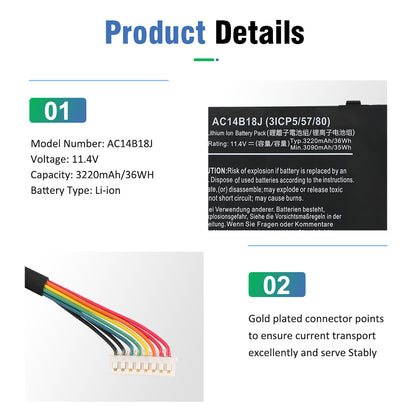 AC14B18J product details model AC14B18J 11.4V 36Wh with gold plated multi-color connector wire for stable current transport