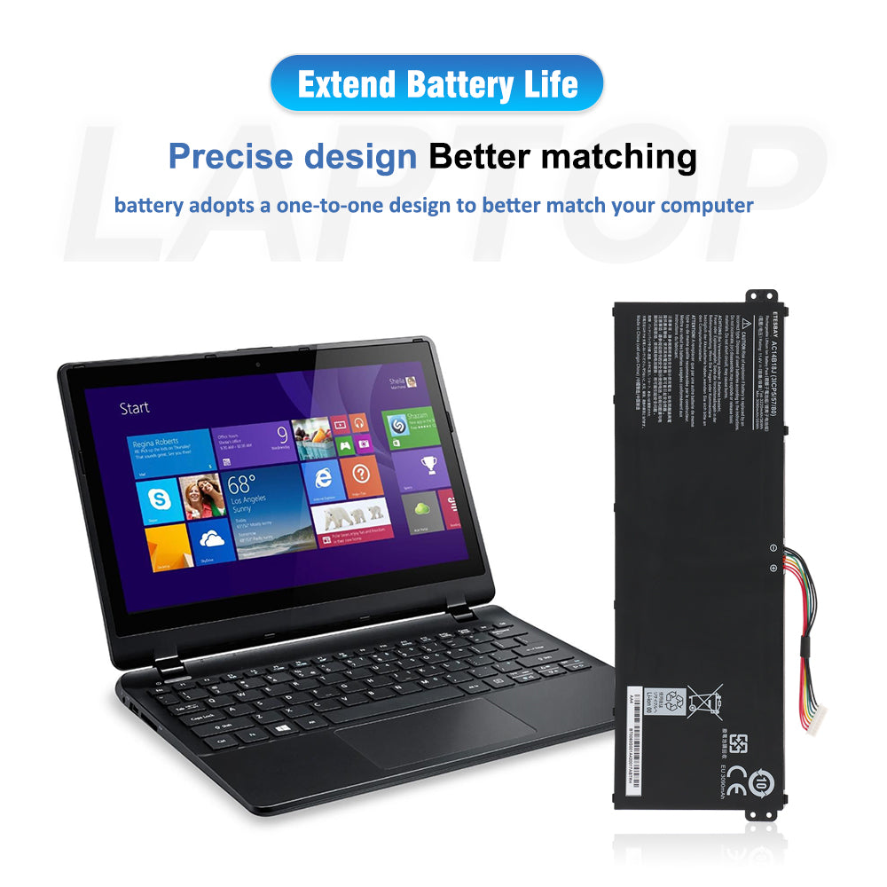AC14B18J battery with Acer laptop showing precise one-to-one design matching original fit for easy replacement installation