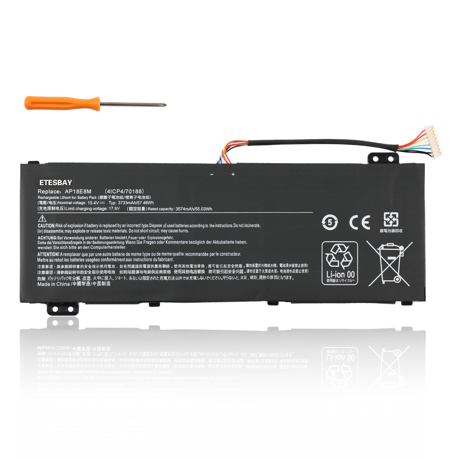 ETESBAY AP18E8M replacement battery, black lithium-ion battery, 15.4V 3733mAh/57.48Wh, compatible with Acer Nitro 5/7, Aspire 7, Predator Helios 300, ConceptD 3 Pro/5 Pro laptops, 100% brand new, 1-year warranty.