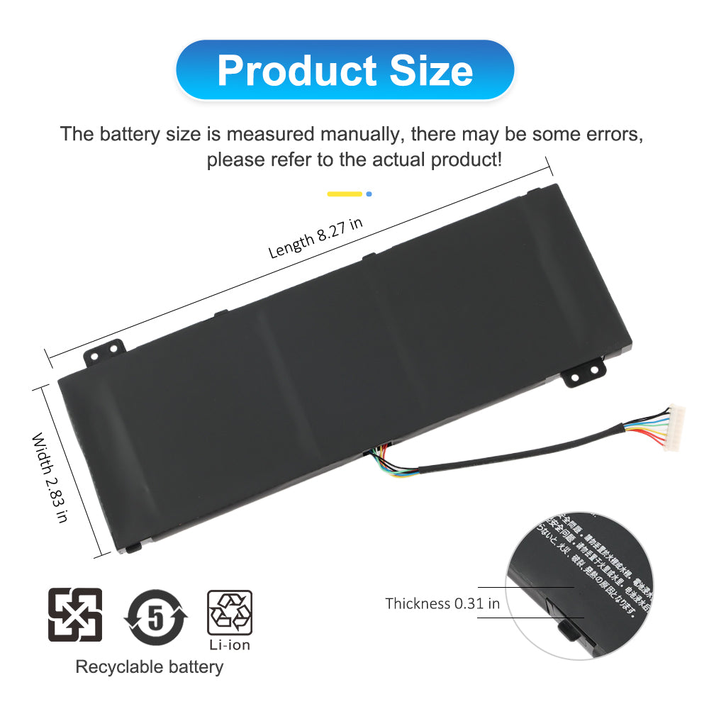 AP18E8M battery size diagram, labeled Length 8.27in, Width 2.83in, Thickness 0.31in, recyclable Li-ion battery.