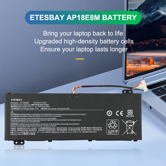 Main image of ETESBAY AP18E8M laptop battery, black lithium-ion battery placed next to an Acer laptop, upgraded high-density cells to bring your laptop back to life.