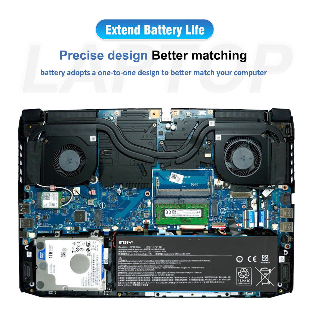 AP18E8M battery product details image, including close-up of the model label (AP18E8M, 15.4V, 57.48Wh) and gold-plated connector points.