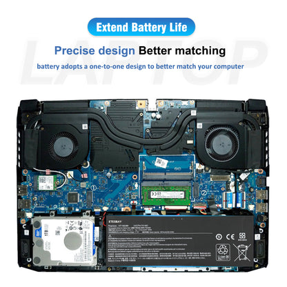 AP18E8M battery product details image, including close-up of the model label (AP18E8M, 15.4V, 57.48Wh) and gold-plated connector points.