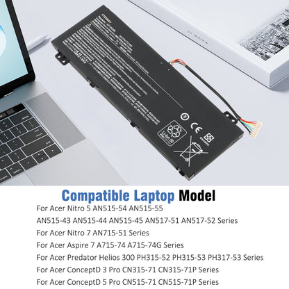 AP18E8M battery compatible laptop models image, battery beside an Acer laptop, compatible with Acer Nitro 5/7, Aspire 7, Predator Helios 300, ConceptD 3 Pro/5 Pro, and more series.