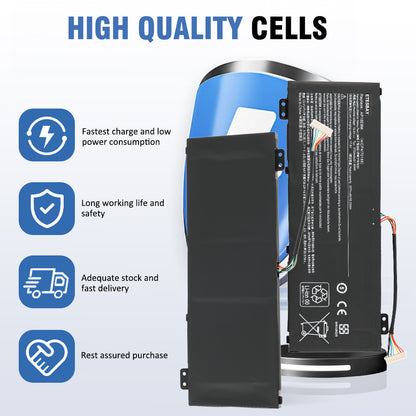 ETESBAY AP18E8M battery high-quality cells feature image, showing front and back views with icons for fastest charge, low power consumption, long working life, safety, adequate stock, and rest assured purchase.
