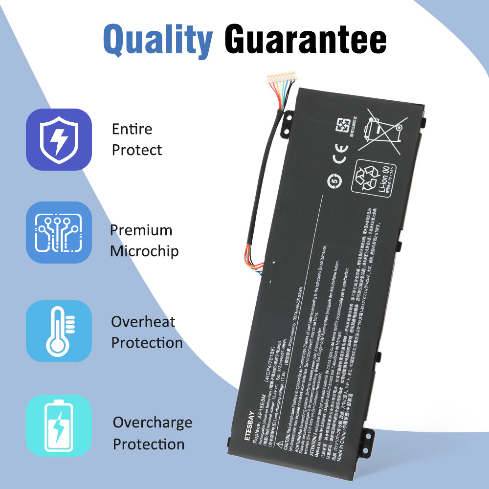 AP18E8M battery quality guarantee image, highlighting entire protection, premium microchip, overheat protection, and overcharge protection.