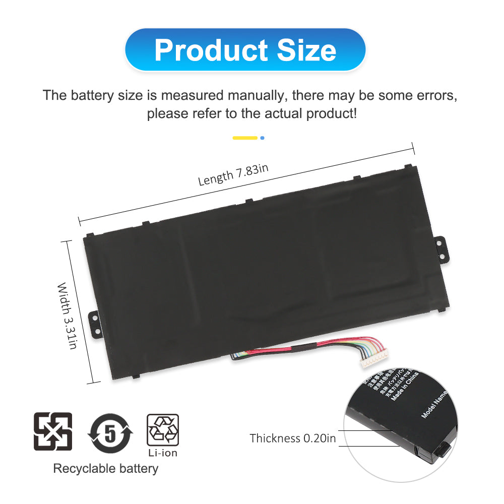 AP19A8K laptop battery dimensions length 7.83in width 3.31in thickness 0.20in with recyclable Li-ion certification marks
