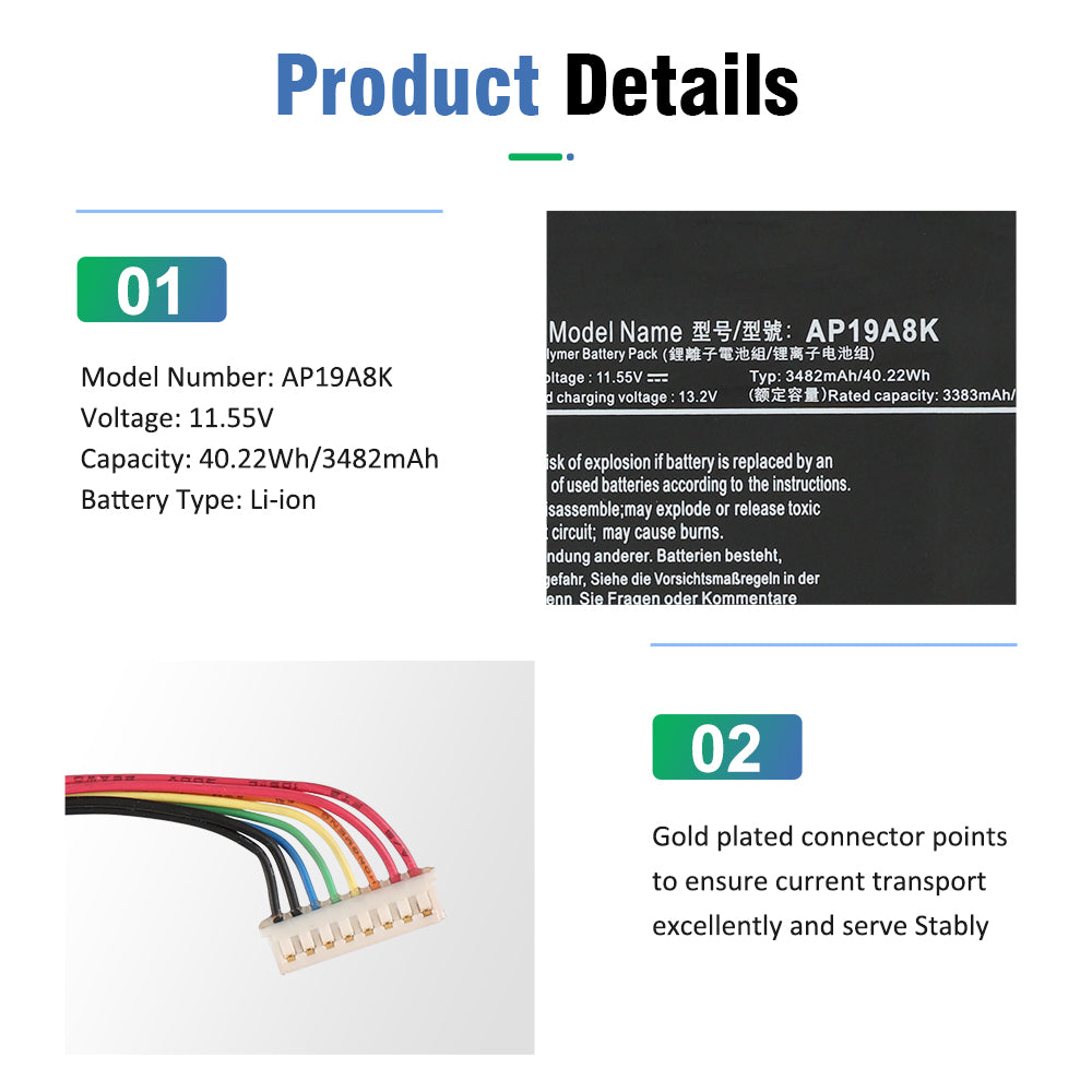 AP19A8K product details model AP19A8K 11.55V 40.22Wh with gold plated multi-color connector wire for stable current transport