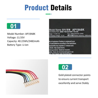 AP19A8K product details model AP19A8K 11.55V 40.22Wh with gold plated multi-color connector wire for stable current transport