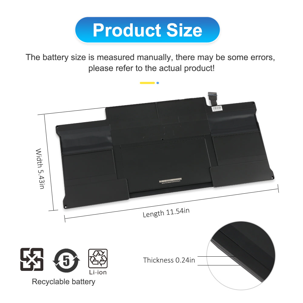 A1496 laptop battery dimensions length 11.54in width 5.43in thickness 0.24in with recyclable Li-ion certification marks