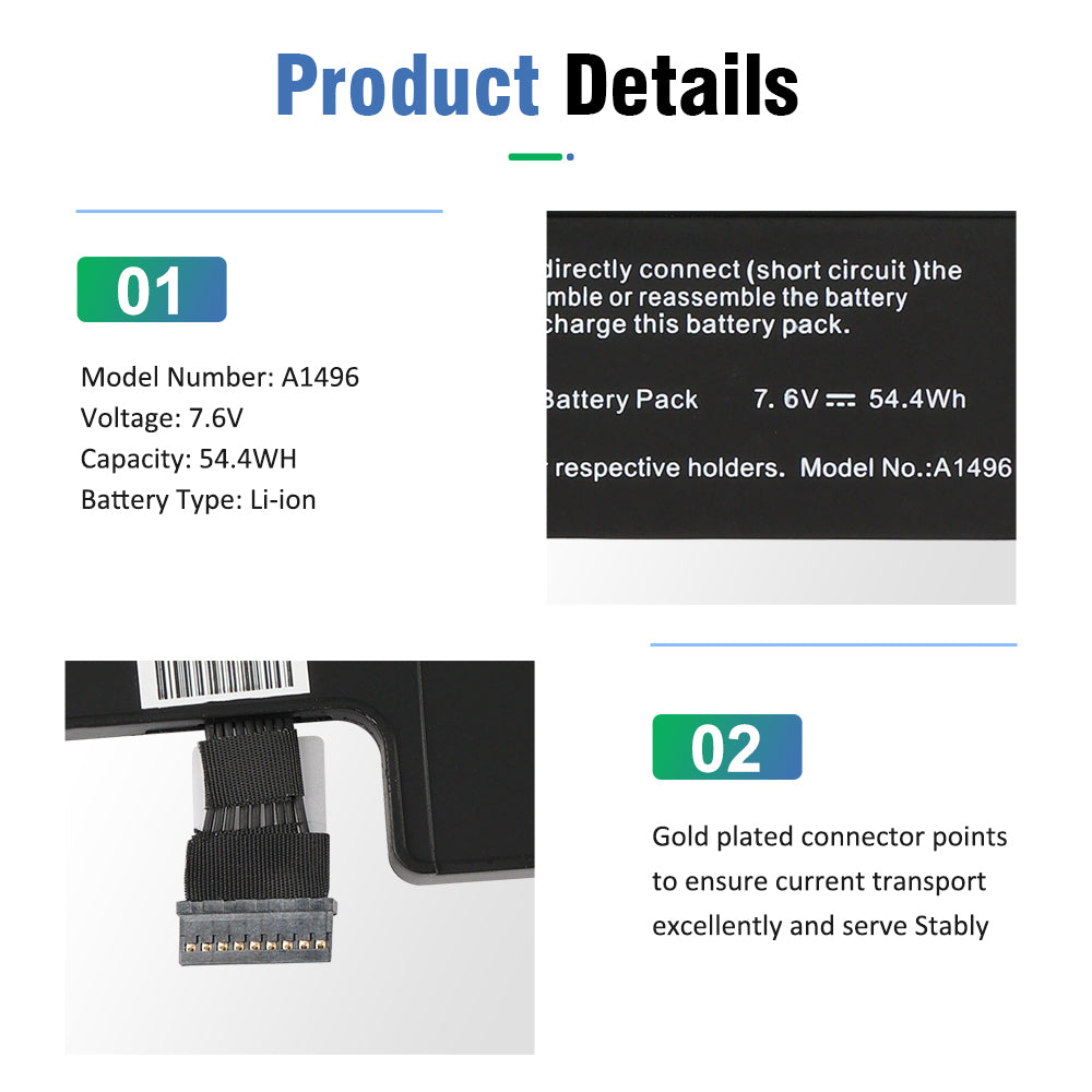 A1496 product details showing model A1496 7.6V 54.4Wh with gold plated connector for stable current transport