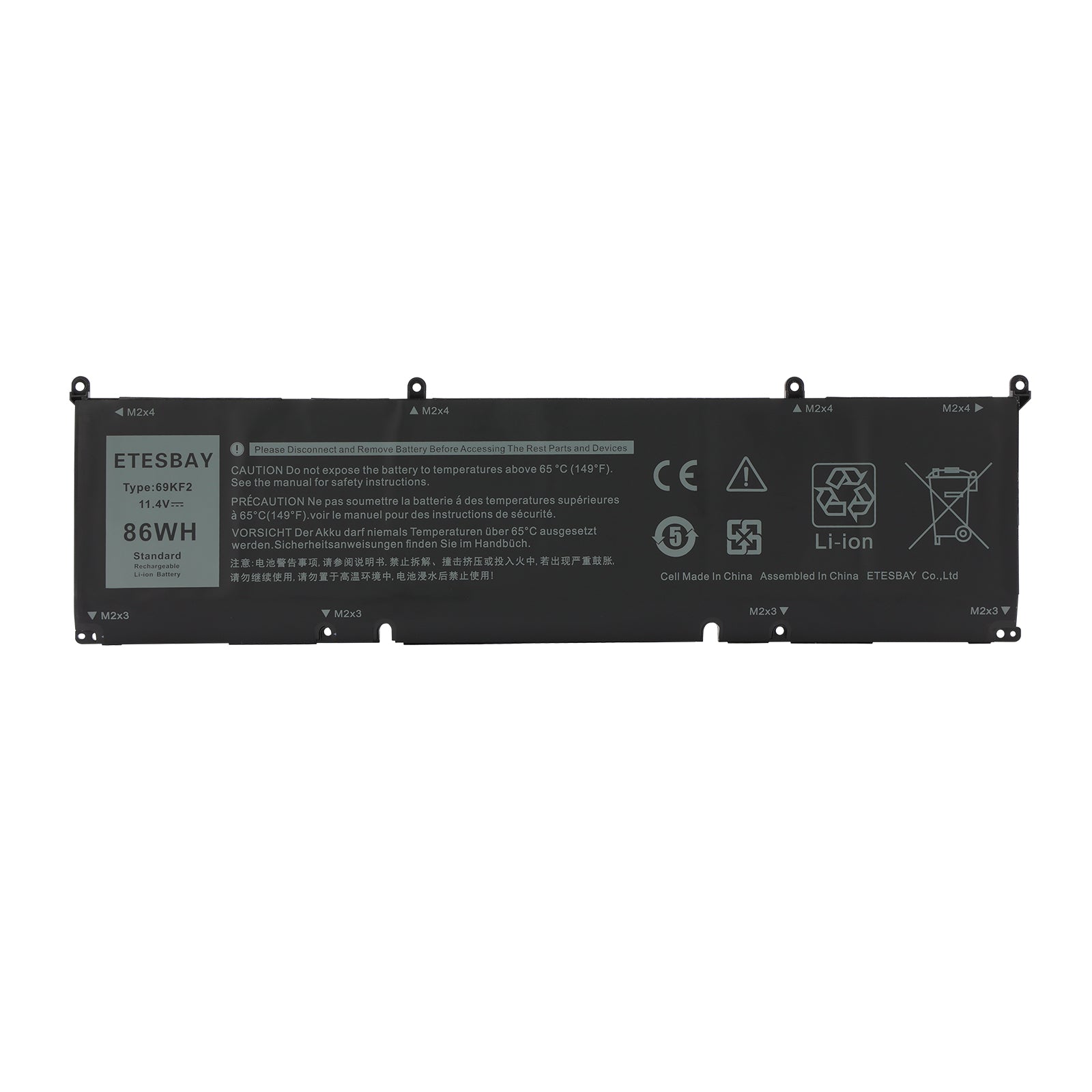 ETESBAY 69KF2 86WH 11.4V Li-ion laptop battery front view showing label safety warnings and CE certification