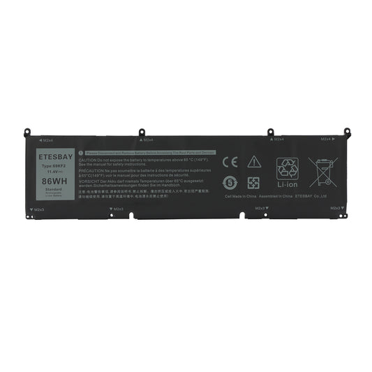ETESBAY 69KF2 86WH 11.4V Li-ion laptop battery front view showing label safety warnings and CE certification