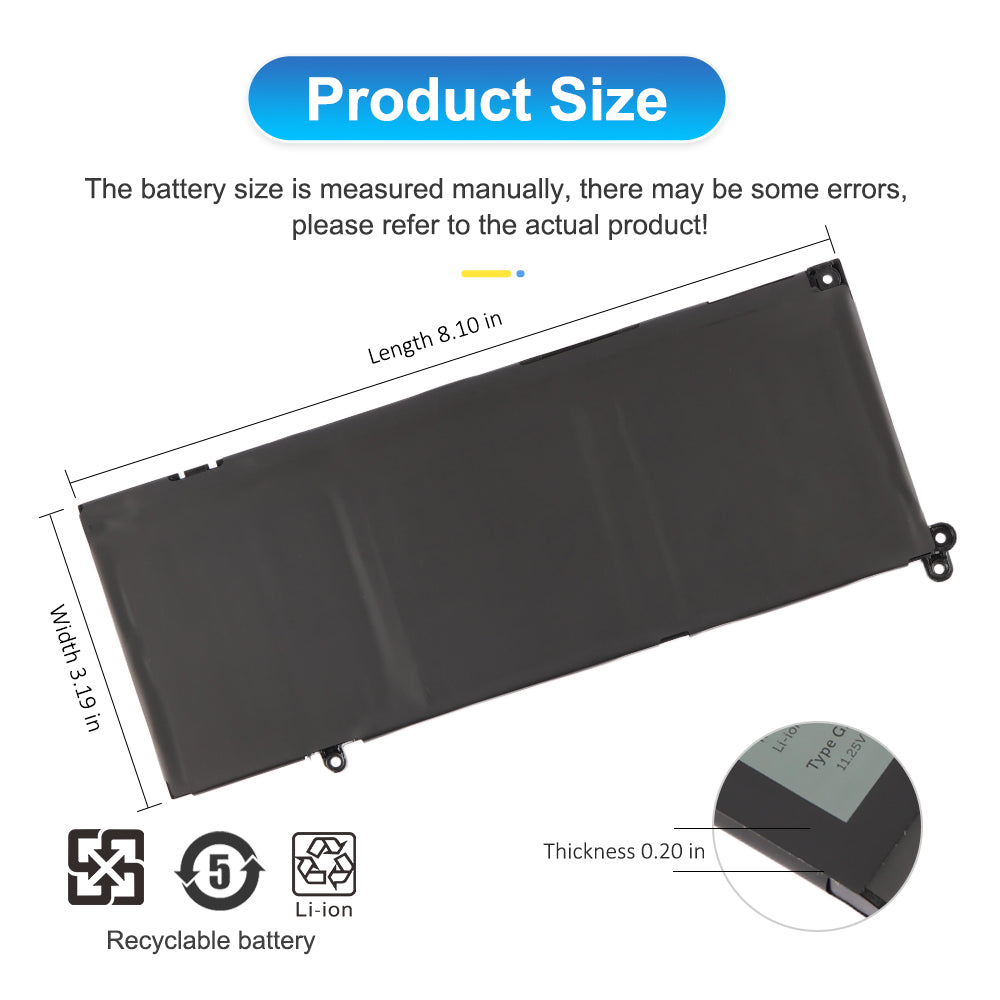 G91J0 battery dimensions diagram - 8.10 x 3.19 x 0.20 inches size specifications for Dell replacement battery