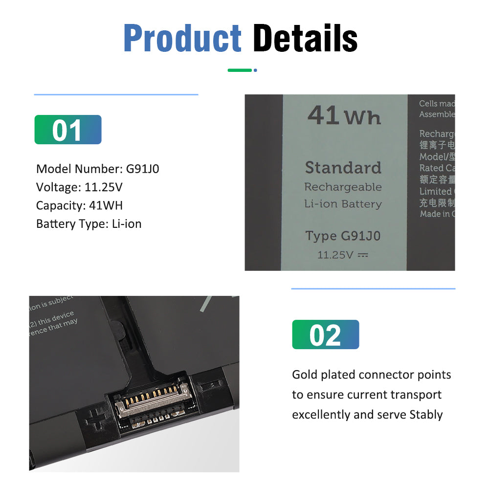 G91J0 battery label detail and gold-plated connector closeup - model specifications voltage capacity information